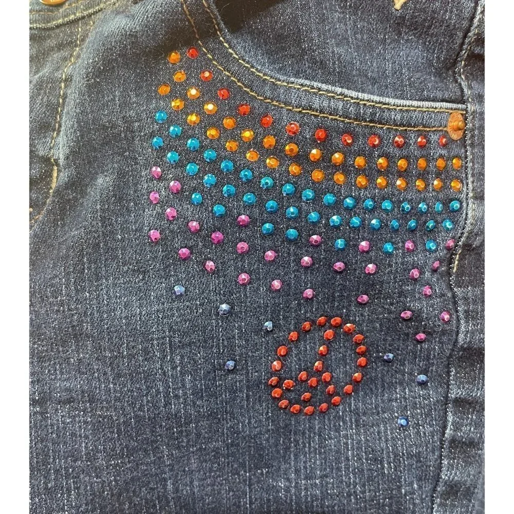 Justice Girls Embellished Jeans Rainbow Peace Design Size 14S (Slim)